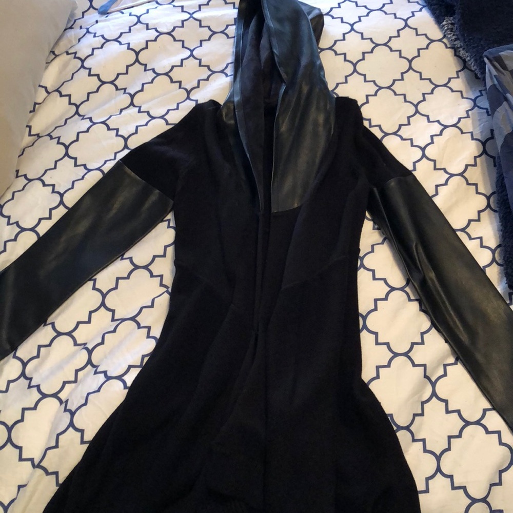 Black BLANK NYC sweater with leather arms and hood